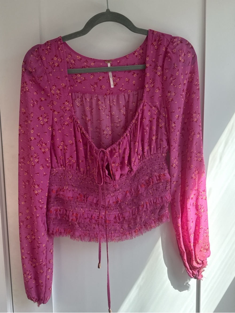 Free People Fuchsia Floral Smocked Tie-Front Blouse